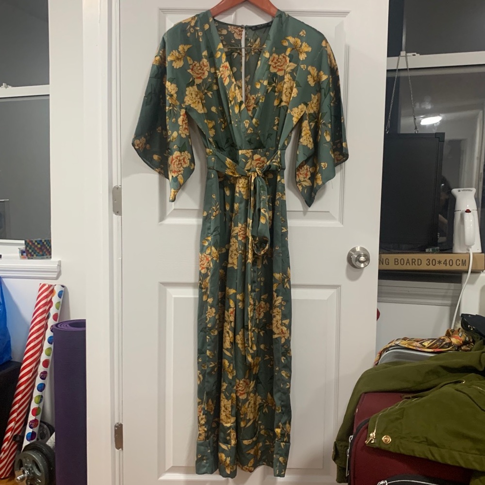 Zara green floral kimono jumpsuit